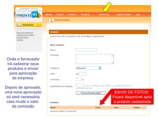Onde o fornecedor
 irá cadastrar seus
  produtos e enviar
   para aprovação
    da empresa.

Depois de aprovado,
uma nova aprovação     ENVIO DE FOTOS:
 só será necessária   Ficará disponível após
 caso mude o valor    o produto cadastrado
    da comissão
 