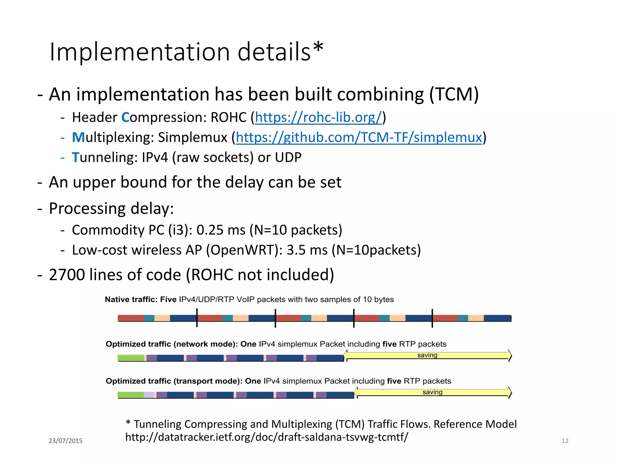 Implementation details*
- An implementation has been built combining (TCM)
- Header Compression: ROHC (https://rohc-lib.org/)
- Multiplexing: Simplemux (https://github.com/TCM-TF/simplemux)
- Tunneling: IPv4 (raw sockets) or UDP
- An upper bound for the delay can be set
- Processing delay:
- Commodity PC (i3): 0.25 ms (N=10 packets)
- Low-cost wireless AP (OpenWRT): 3.5 ms (N=10packets)
- 2700 lines of code (ROHC not included)
23/07/2015 12
* Tunneling Compressing and Multiplexing (TCM) Traffic Flows. Reference Model
http://datatracker.ietf.org/doc/draft-saldana-tsvwg-tcmtf/
Native traffic: Five IPv4/UDP/RTP VoIP packets with two samples of 10 bytes
Optimized traffic (network mode): One IPv4 simplemux Packet including five RTP packets
IPv4 header: 20 bytes Tunnel IP header: 20 bytes
UDP header: 8 bytes Tunnel UDP header: 8 bytes
saving
Native traffic headers: Optimized traffic headers:
Optimized traffic (transport mode): One IPv4 simplemux Packet including five RTP packets
saving
 