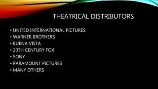THEATRICAL DISTRIBUTORS
• UNITED INTERNATIONAL PICTURES
• WARNER BROTHERS
• BUENA VISTA
• 20TH CENTURY FOX
• SONY
• PARAMOUNT PICTURES
• MANY OTHERS
 