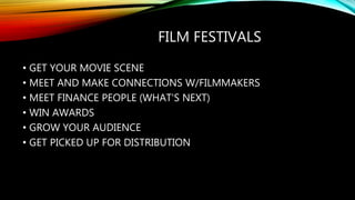 FILM FESTIVALS
• GET YOUR MOVIE SCENE
• MEET AND MAKE CONNECTIONS W/FILMMAKERS
• MEET FINANCE PEOPLE (WHAT'S NEXT)
• WIN AWARDS
• GROW YOUR AUDIENCE
• GET PICKED UP FOR DISTRIBUTION
 