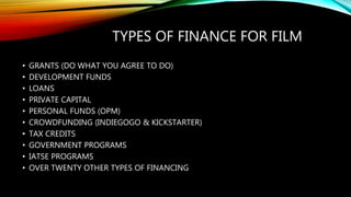 TYPES OF FINANCE FOR FILM
• GRANTS (DO WHAT YOU AGREE TO DO)
• DEVELOPMENT FUNDS
• LOANS
• PRIVATE CAPITAL
• PERSONAL FUNDS (OPM)
• CROWDFUNDING (INDIEGOGO & KICKSTARTER)
• TAX CREDITS
• GOVERNMENT PROGRAMS
• IATSE PROGRAMS
• OVER TWENTY OTHER TYPES OF FINANCING
 