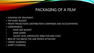 PACKAGING OF A FILM
• SYNOPSIS OR TREATMENT
• TOP SHEET BUDGET
• PROFIT PROJECTIONS (DISTRIBUTION COMPANIES AND ACCOUNTANTS)
• COMPARABLES
• SAME SIZE BUDGET
• SAME GENRE
• TALENT LEVEL (PRODUCER, DIRECTOR AND CAST)
• BIOS OF THE ABOVE THE LINE PEOPLE ATTACHED
• TARGET AUDIENCE
• SCRIPT COVERAGE
 