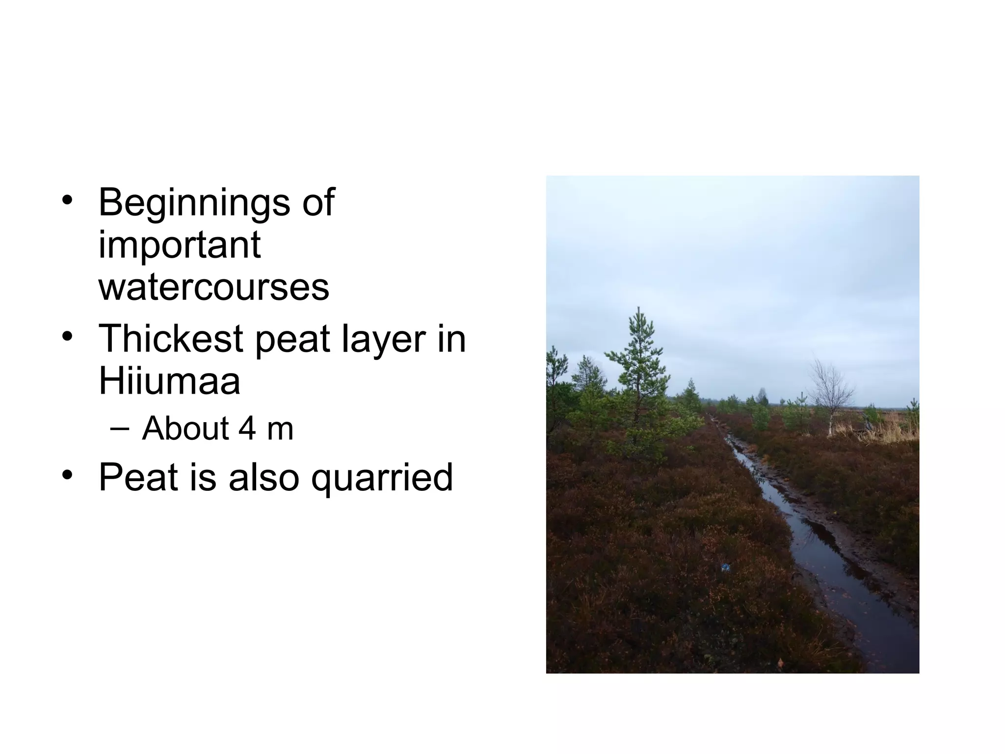• Beginnings of
important
watercourses
• Thickest peat layer in
Hiiumaa
– About 4 m
• Peat is also quarried
 