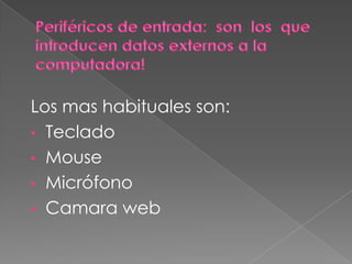 Los mas habituales son:
• Teclado
• Mouse
• Micrófono
• Camara web
 