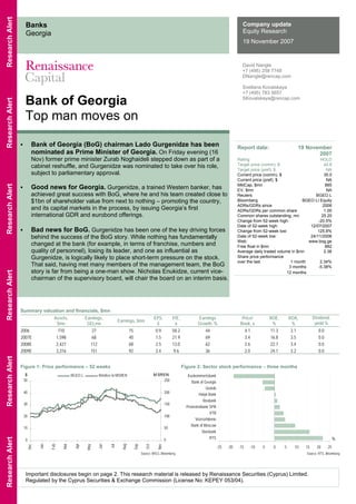 Bank of Georgia
Top man moves on
David Nangle
+7 (495) 258 7748
DNangle@rencap.com
Svetlana Kovalskaya
+7 (495) 783 5657
SKovalskaya@rencap.com
Company update
Equity Research
19 November 2007
Banks
Georgia
Report date: 19 November
2007
Rating HOLD
Target price (comm), $ 42.8
Target price (pref), $ NA
Current price (comm), $ 35.0
Current price (pref), $ NA
MktCap, $mn 885
EV, $mn NA
Reuters BGEO.L
Bloomberg BGEO LI Equity
ADRs/GDRs since 2006
ADRs/GDRs per common share 1.00
Common shares outstanding, mn 25.20
Change from 52-week high: -20.5%
Date of 52-week high: 12/07/2007
Change from 52-week low: 125.8%
Date of 52-week low: 24/11/2006
Web: www.bog.ge
Free float in $mn 882
Average daily traded volume in $mn 2.36
Share price performance
over the last 1 month 2.34%
3 months -5.38%
12 months
Bank of Georgia (BoG) chairman Lado Gurgenidze has been
nominated as Prime Minister of Georgia. On Friday evening (16
Nov) former prime minister Zurab Noghaideli stepped down as part of a
cabinet reshuffle, and Gurgenidze was nominated to take over his role,
subject to parliamentary approval.
Good news for Georgia. Gurgenidze, a trained Western banker, has
achieved great success with BoG, where he and his team created close to
$1bn of shareholder value from next to nothing – promoting the country,
and its capital markets in the process, by issuing Georgia’s first
international GDR and eurobond offerings.
Bad news for BoG. Gurgenidze has been one of the key driving forces
behind the success of the BoG story. While nothing has fundamentally
changed at the bank (for example, in terms of franchise, numbers and
quality of personnel), losing its leader, and one as influential as
Gurgenidze, is logically likely to place short-term pressure on the stock.
That said, having met many members of the management team, the BoG
story is far from being a one-man show. Nicholas Enukidze, current vice-
chairman of the supervisory board, will chair the board on an interim basis.
Figure 1: Price performance – 52 weeks Figure 2: Sector stock performance – three months
0
10
20
30
40
50
Dec
Jan
Feb
Mar
Apr
May
Jun
Jul
Aug
Sep
Oct
Nov
0
50
100
150
200
250
BGEO.L Relative to MSREN$ M SREN
-25 -20 -15 -10 -5 0 5 10 15 20 25
RTS
Sberbank
Bank of Moscow
Vozrozhdenie
VTB
Promstroibank SPB
Rosbank
Halyk Bank
Uralsib
Bank of Georgia
Kazkommertsbank
%
Source: MSCI, Bloomberg Source: RTS, Bloomberg
Important disclosures begin on page 2. This research material is released by Renaissance Securities (Cyprus) Limited.
Regulated by the Cyprus Securities & Exchange Commission (License No: KEPEY 053/04).
Summary valuation and financials, $mn
Assets,
$mn
Earnings,
GELmn
Earnings, $mn
EPS,
$
P/E,
x
Earnings
Growth, %
Price/
Book, x
ROE,
%
ROA,
%
Dividend,
yield %
2006 710 27 15 0.9 58.2 44 4.1 11.3 3.1 0.0
2007E 1,598 68 40 1.5 21.9 69 3.4 16.8 3.5 0.0
2008E 2,427 112 68 2.5 13.0 62 2.6 22.7 3.4 0.0
2009E 3,316 151 92 3.4 9.6 36 2.0 24.1 3.2 0.0
ResearchAlertResearchAlertResearchAlertResearchAlertResearchAlertResearchAlert
 