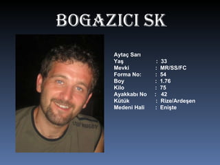 BOgAZICI SK Aytaç Sarı Yaş  :  33 Mevki  :  MR/SS/FC Forma No:  :  54 Boy  :  1.76 Kilo  :  75 Ayakkabı No  :  42 Kütük  :  Rize/Ardeşen Medeni Hali  :  Enişte  
