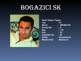 BOgAZICI SK Kadir Hakan Taşgın Yaş  : 27 Mevki  :  MR/MC/GK Forma No:  :  8 Boy  : 1.79 Kilo  :  85 Ayakkabı No  :  42 Kütük  : Sinop/Gerze Medeni Hali  : Belirsiz   