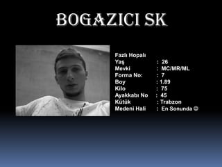BOgAZICI SKFazlı HopalıYaş                     :  26Mevki                 :  MC/MR/ML Forma No:         :  7Boy                    : 1.89Kilo                    :  75Ayakkabı No     :  45Kütük                 : TrabzonMedeni Hali       :  En Sonunda 