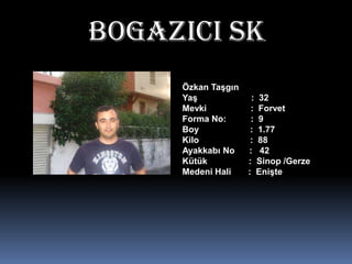 BOgAZICI SKÖzkan TaşgınYaş                      :  32Mevki                  :  ForvetForma No:          :  9Boy                     :  1.77Kilo                     :  88Ayakkabı No      :   42Kütük                 :  Sinop /GerzeMedeni Hali       :  Enişte 