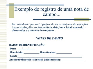 Exemplo de registro de uma nota de
campo...
Recomenda-se que na 1ª pagina de cada conjunto de anotações
haja um cabeçalho, contendo título, data, hora, local, nome do
observador e o número do conjunto.
NOTAS DE CAMPO
DADOS DE IDENTIFICAÇÃO
Data: ____/____/_____
Hora início: ____________ Hora término: ____________
Local: __________________________________________________
Atividade/Situações vivenciada (identificação):__________________
 