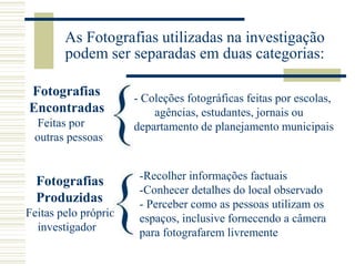 As Fotografias utilizadas na investigação
podem ser separadas em duas categorias:
Fotografias
Encontradas
Feitas por
outras pessoas
Fotografias
Produzidas
Feitas pelo próprio
investigador
- Coleções fotográficas feitas por escolas,
agências, estudantes, jornais ou
departamento de planejamento municipais
-Recolher informações factuais
-Conhecer detalhes do local observado
- Perceber como as pessoas utilizam os
espaços, inclusive fornecendo a câmera
para fotografarem livremente
 