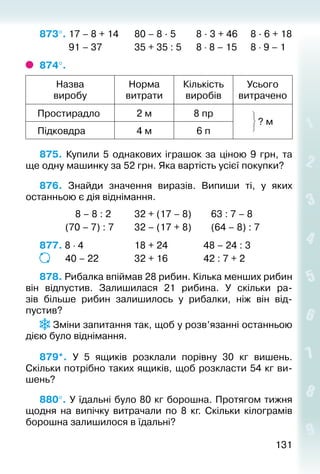 131131
873°. 17 – 8 + 14		 80 – 8 · 5		 8 · 3 + 46	 8 · 6 + 18
			 91 – 37				 35 + 35 : 5		 8 ⋅ 8 – 15	 8 ⋅ 9 – 1
874°. 
Назва
виробу
Норма
витрати
Кількість
виробів
Усього
витрачено
Простирадло 2 м 8 пр
? м
Підковдра 4 м 6 п
875.  Купили 5 однакових іграшок за ціною 9  грн, та
ще одну машинку за 52 грн. Яка вартість усієї покупки?
876.  Знайди значення виразів. Випиши ті, у яких
останньою є дія віднімання.
			 8 – 8 : 2			 32 + (17 – 8)			 63 : 7 – 8
			 (70 – 7) : 7			 32 – (17 + 8)			 (64 – 8) : 7
877. 8 ⋅ 4						 18 + 24				 48 – 24 : 3
			 40 – 22				 32 + 16				 42 : 7 + 2
878. Рибалка впіймав 28 рибин. Кілька менших рибин
він відпустив. Залишилася 21 рибина. У скільки ра­
зів  більше рибин залишилось у рибалки, ніж він від­
пустив?
 Зміни запитання так, щоб у розв’язанні останньою
дією було віднімання.
879*.  У 5 ящиків розклали порівну 30  кг вишень.
Скільки потрібно таких ящиків, щоб розкласти 54 кг ви­
шень?
880°. У їдальні було 80 кг борошна. Протягом тижня
щодня на випічку витрачали по 8 кг. Скільки кілограмів
борошна залишилося в їдальні?
 