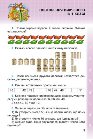 33
ПОВТОРЕННЯ ВИВЧЕНОГО
В 1 КЛАСІ
1.  Полічи окремо червоні й зелені перчики. Скільки
всіх перчиків?
2. Скільки всього паличок на кожному малюнку?
3.  Назви всі числа другого десятка; четвертого де­
сятка; десятого десятка.
4. Спиши, вставляючи пропущені числа.
40 42 43 46 47 48 51
5. Кожне з поданих чисел запиши за зразком у вигля­
ді суми розрядних доданків: 36, 66, 84, 48.
Зразок. 82 = 80 + 2.
6. Запиши вирази та обчисли їх значення.
1) Як утворити число 55, якщо маємо число, що йому
передує?
2) Як утворити число 70 із числа, що йде за ним?
3) Скільки буде, якщо від числа 93 відняти число його
одиниць?
 