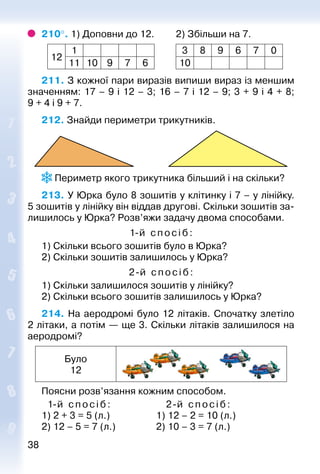 3838
210°. 1) Доповни до 12. 		 2) Збільши на 7.
12
1 3 8 9 6 7 0
11 10 9 7 6 10
211. З кожної пари виразів випиши вираз із меншим
значенням: 17 – 9 і 12 – 3; 16 – 7 і 12 – 9; 3 + 9 і 4 + 8;
9 + 4 і 9 + 7.
212. Знайди периметри трикутників.
 Периметр якого трикутника більший і на скільки?
213. У Юрка було 8 зошитів у клітинку і 7 – у лінійку.
5 зошитів у лінійку він віддав другові. Скільки зошитів за­
лишилось у Юрка? Розв’яжи задачу двома способами.
1-й спосіб:
1) Скільки всього зошитів було в Юрка?
2) Скільки зошитів залишилось у Юрка?
2-й спосіб:
1) Скільки залишилося зошитів у лінійку?
2) Скільки всього зошитів залишилось у Юрка?
214. На аеродромі було 12 літаків. Спочатку злетіло
2 літаки, а потім — ще 3. Скільки літаків залишилося на
аеродромі?
Було
12
Поясни розв’язання кожним способом.
		 1-й с посіб : 						 2-й спосіб:
1) 2 + 3 = 5 (л.) 					 1) 12 – 2 = 10 (л.)
2) 12 – 5 = 7 (л.) 				 2) 10 – 3 = 7 (л.)
 