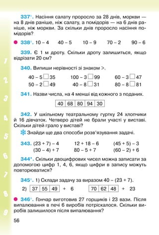 5656
337°. Насіння салату проросло за 28 днів, моркви —
на 8 днів раніше, ніж салату, а помі­дорів — на 6 днів ра­
ніше, ніж моркви. За скільки днів проросло насіння по­
мідорів?
338°. 10 – 4		 40 – 5			 10 – 9			 70 – 2			 90 – 6
339.  Є 1  м дроту. Скільки дроту залишиться, якщо
відрізати 20 см?
340. Випиши нерівності зі знаком >.
		 40 – 5 35				 100 – 3 99				 60 – 3 47
		 50 – 2 49				 40 – 8 31				 80 – 8 81
341. Назви числа, на 4 менші від кожного з поданих.
40 68 80 94 30
342.  У шкільному театральному гуртку 24 хлопчики
й 16 дівчаток. Четверо дітей не брали участі у виставі.
Скільки дітей грало у виставі?
Знайди ще два способи розв’язування задачі.
343. 	(23 + 7) – 4				12 + 18 – 6			 (45 + 5) – 3
			 (30 – 4) + 7				80 – 5 + 7				 (60 – 2) + 6
344*. Скільки двоцифрових чисел можна записати за
допомогою цифр 1, 4, 6, якщо цифри в запису можуть
повторюватися?
345°. 1) Склади задачу за виразом 40 – (23 + 7).
2) 37 55 49 + 6 70 62 48 + 23
346°.  Гончар виготовив 27 горщиків і 23 вази. Після
випалювання в печі 6 виробів потріскалося. Скільки ви­
робів залишилося після випалювання?
 