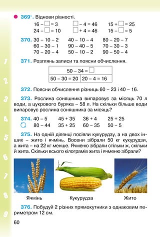 6060
369°. Віднови рівності.
			 16 – = 3				 – 4 = 46			 15 + = 25
			 24 – = 10			 + 4 = 46			 15 – = 5
370. 	30 – 10 – 2		 40 – 10 – 4		 80 – 20 – 7
			 60 – 30 – 1		 90 – 40 – 5		 70 – 30 – 3
			 70 – 20 – 4		 50 – 10 – 2		 90 – 50 – 4
371. Розглянь записи та поясни обчислення.
50 – 34 =
50 – 30 = 20 20 – 4 = 16
372. Поясни обчислення різниць 60 – 23 і 40 – 16.
373. Рослина соняшника випаровує за місяць 70 л
води, а цукрового буряка – 58 л. На скільки більше води
випаровує рослина соняшника за місяць?
374. 40 – 5			 45 + 35		 36 + 4			 25 + 25
			 80 – 44		 35 + 25		 60 – 35		 50 – 5
375. На одній ділянці посіяли кукурудзу, а на двох ін­
ших – жито і ячмінь. Восени зібрали 50  кг кукурудзи,
а жита – на 22 кг менше. Ячменю зібрали стільки ж, скільки
й жита. Скільки всього кілограмів жита і ячменю зібрали?
	 Ячмінь	 Кукурудза	 Жито
376. Побудуй 2 різних прямокутники з однаковим пе­
риметром 12 см.
 
