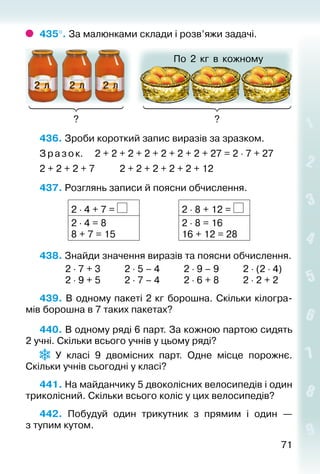 7171
435°. За малюнками склади і розв’яжи задачі.
По 2 кг в кожному
? ?
2 л 2 л 2 л
436. Зроби короткий запис виразів за зразком.
З разок.		 2 + 2 + 2 + 2 + 2 + 2 + 2 + 27 = 2 ⋅ 7 + 27
2 + 2 + 2 + 7			 2 + 2 + 2 + 2 + 2 + 12
437. Розглянь записи й поясни обчислення.
2 ⋅ 4 + 7 = 2 ⋅ 8 + 12 =
2 ⋅ 4 = 8
8 + 7 = 15
2 ⋅ 8 = 16
16 + 12 = 28
438. Знайди значення виразів та поясни обчислення.
			 2 ⋅ 7 + 3			 2 ⋅ 5 – 4			 2 ⋅ 9 – 9			 2 ⋅ (2 ⋅ 4)
			 2 ⋅ 9 + 5			 2 ⋅ 7 – 4			 2 ⋅ 6 + 8			 2 ⋅ 2 + 2
439. В одному пакеті 2 кг борошна. Скільки кілогра­
мів борошна в 7 таких пакетах?
440. В одному ряді 6 парт. За кожною партою сидять
2 учні. Скільки всього учнів у цьому ряді?
У класі 9 двомісних парт. Одне місце порожнє.
Скільки учнів сьогодні у класі?
441. На майданчику 5 двоколісних велосипедів і один
триколісний. Скільки всього коліс у цих велосипедів?
442. Побудуй один трикутник з прямим і один —
з тупим кутом.
 