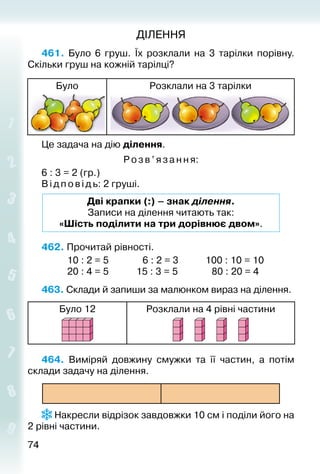 7474
ДІЛЕННЯ
461.  Було 6 груш. Їх розклали на 3 тарілки порівну.
Скільки груш на кожній тарілці?
Було Розклали на 3 тарілки
Це задача на дію ділення.
Розв ’яза ння:
6 : 3 = 2 (гр.)
Відповідь: 2 груші.
Дві крапки (:) – знак ділення.
Записи на ділення читають так:
«Шість поділити на три дорівнює двом».
462. Прочитай рівності.
			 10 : 2 = 5			  6 : 2 = 3			 100 : 10 = 10
			 20 : 4 = 5			 15 : 3 = 5			  80 : 20 = 4
463. Склади й запиши за малюнком вираз на ділення.
Було 12 Розклали на 4 рівні частини
464.  Виміряй довжину смужки та її частин, а потім
склади задачу на ділення.
 Накресли відрізок завдовжки 10 см і поділи його на
2 рівні частини.
 