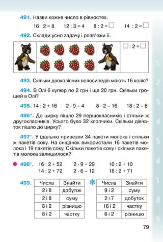 7979
491. Назви кожне число в рівностях.
			 16 : 2 = 8		 12 : 3 = 4		 8 : 2 = 		 14 : 2 =
492. Склади усно задачу і розв’яжи її.
: 2 =
493. Скільки двоколісних велосипедів мають 16 коліс?
494. В Олі 6 купюр по 2 грн і ще 20 грн. Скільки гро­
шей в Олі?
495. 14 : 2 + 16		 2 ∙ 9 – 4		 8 ∙ 2 – 16	 18 : 2 – 6
496*. До цирку пішло 29 першокласників і стільки ж
другокласників. Усього було 32 хлопчики. Скільки дівча­
ток пішло до цирку?
497°. У їдальню привезли 34 пакети молока і стільки
ж пакетів соку. На сніданок використали 16 пакетів мо­
лока і 19 пакетів соку. Скільки пакетів соку і скільки паке­
тів молока залишилося?
498°. 	 16 : 2 + 52			 2 ∙ 9 + 29			 10 : 2 + 10
				 14 : 2 + 72			 2 ∙ 6 – 12			 18 : 2 + 71
499. Числа Знайти Числа Знайти
2 і 8 добуток 9 і 2 суму
2 і 8 суму 2 і 7 добуток
8 і 2 різницю 16 і 2 частку
8 і 2 частку 6 і 2 різницю
 