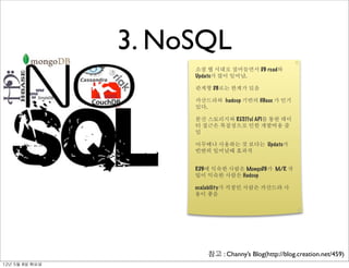 3. NoSQL
                        소셜 웹 시대로 접어들면서 DB read와
                        Update가 많이 일어남.

                        관계형 DB로는 한계가 있음

                        카산드라와 hadoop 기반의 HBase 가 인기
                        있다.

                        분산 스토리지와 RESTful API를 통한 데이
                        터 접근은 복잡성으로 인한 개발비용 줄
                        임

                        아무때나 사용하는 것 보다는 Update가
                        빈번히 일어날때 효과적


                        RDB에 익숙한 사람은 MongoDB가 M/R 작
                        업이 익숙한 사람은 Hadoop

                        scalability가 걱정인 사람은 카산드라 사
                        용이 좋음




                           참고 : Channy’s Blog(http://blog.creation.net/459)
12년	 5월	 8일	 화요일
 