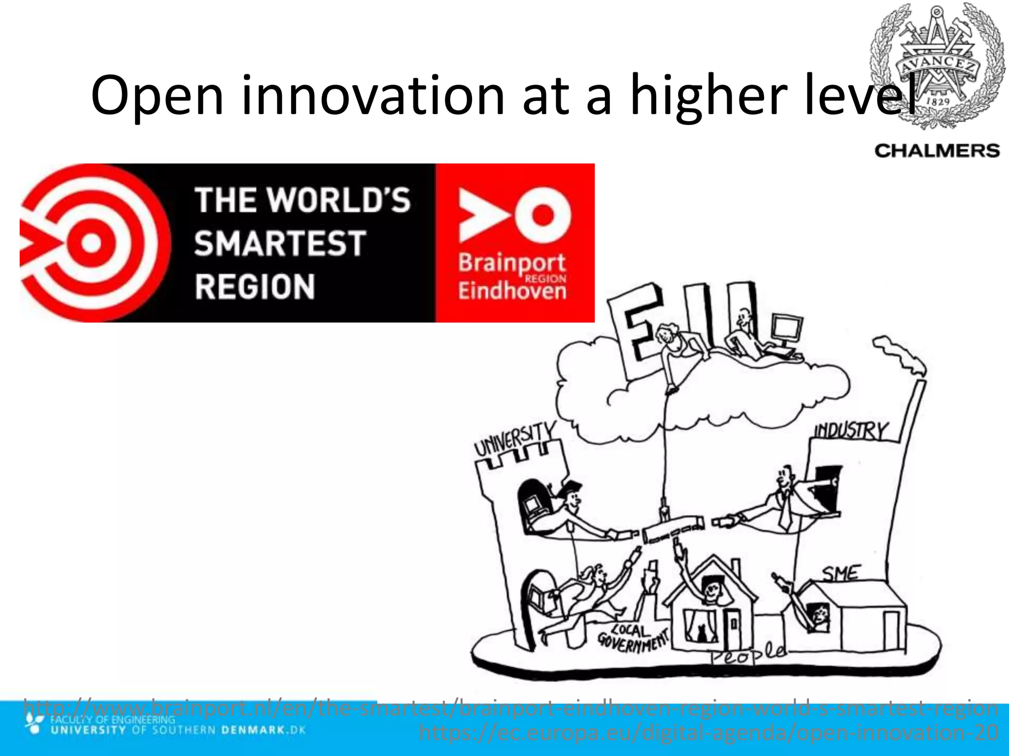 Open innovation at a higher level
http://www.brainport.nl/en/the-smartest/brainport-eindhoven-region-world-s-smartest-region
https://ec.europa.eu/digital-agenda/open-innovation-20
 