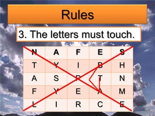 Rules3. The letters must touch.