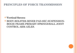 PRINCIPLES OF FORCE TRANSMISSION

Vertical forces:
 BODY-BOLSTER-MINER PAD-SEC.SUSPENSIONBOGIE FRAME-PRIMARY SPRINGS/BALL JOINT
CONTROL ARM-AXLES.


 