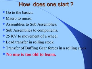 How does one start ?How does one start ?
Go to the basics.
Macro to micro.
Assemblies to Sub Assemblies.
Sub Assemblies to components.
25 KV to movement of a wheel
Load transfer in rolling stock
Transfer of Buffing Gear forces in a rolling stock
No one is too old to learn.
 