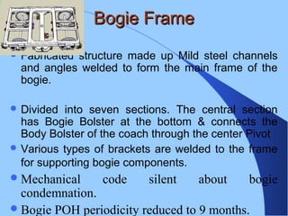 Bogie FrameBogie Frame
 Fabricated structure made up Mild steel channels
and angles welded to form the main frame of the
bogie.
 Divided into seven sections. The central section
has Bogie Bolster at the bottom & connects the
Body Bolster of the coach through the center Pivot
 Various types of brackets are welded to the frame
for supporting bogie components.
Mechanical code silent about bogie
condemnation.
Bogie POH periodicity reduced to 9 months.
 