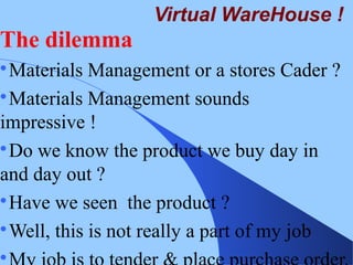 Virtual WareHouse !
The dilemma

Materials Management or a stores Cader ?

Materials Management sounds
impressive !

Do we know the product we buy day in
and day out ?

Have we seen the product ?

Well, this is not really a part of my job

 