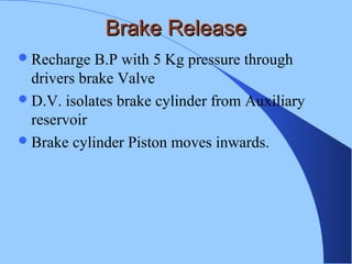 Brake ReleaseBrake Release
Recharge B.P with 5 Kg pressure through
drivers brake Valve
D.V. isolates brake cylinder from Auxiliary
reservoir
Brake cylinder Piston moves inwards.
 