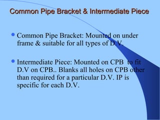 Common Pipe Bracket & Intermediate PieceCommon Pipe Bracket & Intermediate Piece
Common Pipe Bracket: Mounted on under
frame & suitable for all types of D.V.
Intermediate Piece: Mounted on CPB to fit
D.V on CPB.. Blanks all holes on CPB other
than required for a particular D.V. IP is
specific for each D.V.
 