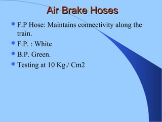 Air Brake HosesAir Brake Hoses
F.P Hose: Maintains connectivity along the
train.
F.P. : White
B.P. Green.
Testing at 10 Kg./ Cm2
 