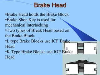 Brake HeadBrake Head
•Brake Head holds the Brake Block
•Brake Shoe Key is used for
mechanical interlocking
•Two types of Break Head based on
the Brake Block.
•L type Brake Blocks use ICF Brake
Head
•K Type Brake Blocks use IGP Brake
Head
 