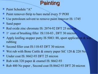 PaintingPainting
 Paint Schedule “A”
 Paint remover-Strip to bare metal every 5th
POH
 Use petroleum solvent to remove paint remover IS: 1745
 Sand paper
 Red oxide zinc chromate IS: 2074-92 DFT 25 micron.
 1st
coat of brushing filler IS:110-83 , DFT 30 micron
 Apply knifing stopper putty IS 5083: 88, sport application & wet
rubbing
 Second filler coat IS:110-83 DFT 30 micron
 Wet rub with Bone Cuttle & emery paper SiC 120 & 220 No.
 Under coat IS: 8662-93 DFT 25 micron
 Rub with 320 paper & enamel IS: 8662-93
 Rub 400 No paper , Second coat IS:8662:93 DFT 20 micron
 