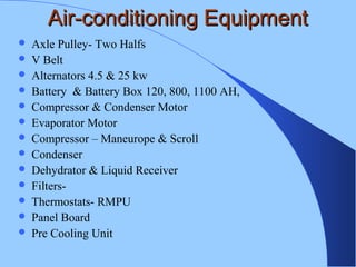 Air-conditioning EquipmentAir-conditioning Equipment
 Axle Pulley- Two Halfs
 V Belt
 Alternators 4.5 & 25 kw
 Battery & Battery Box 120, 800, 1100 AH,
 Compressor & Condenser Motor
 Evaporator Motor
 Compressor – Maneurope & Scroll
 Condenser
 Dehydrator & Liquid Receiver
 Filters-
 Thermostats- RMPU
 Panel Board
 Pre Cooling Unit
 