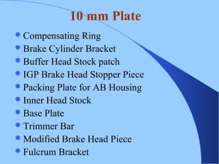 Compensating Ring
Brake Cylinder Bracket
Buffer Head Stock patch
IGP Brake Head Stopper Piece
Packing Plate for AB Housing
Inner Head Stock
Base Plate
Trimmer Bar
Modified Brake Head Piece
Fulcrum Bracket
10 mm Plate
 