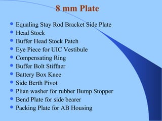 Equaling Stay Rod Bracket Side Plate
 Head Stock
 Buffer Head Stock Patch
 Eye Piece for UIC Vestibule
 Compensating Ring
 Buffer Bolt Stiffner
 Battery Box Knee
 Side Berth Pivot
 Plian washer for rubber Bump Stopper
 Bend Plate for side bearer
 Packing Plate for AB Housing
8 mm Plate
 
