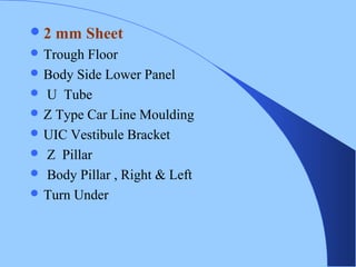 2 mm Sheet
 Trough Floor
 Body Side Lower Panel
 U Tube
 Z Type Car Line Moulding
 UIC Vestibule Bracket
 Z Pillar
 Body Pillar , Right & Left
 Turn Under
 