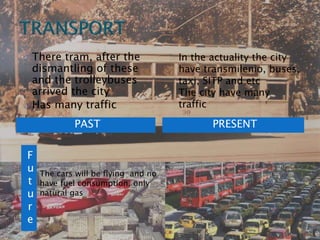 There tram, after the 
dismantling of these 
and the trolleybuses 
arrived the city 
Has many traffic 
In the actuality the city 
have transmilenio, buses, 
taxi, SITP and etc 
The city have many 
traffic 
PAST PRESENT 
F 
u 
t 
u 
r 
e 
The cars will be flying and no 
have fuel consumption, only 
natural gas 
 