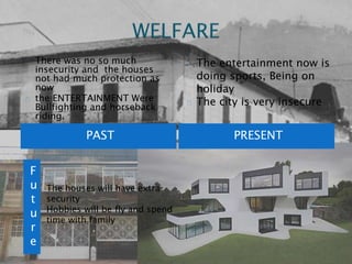 There was no so much 
insecurity and the houses 
not had much protection as 
now 
the ENTERTAINMENT Were 
Bullfighting and horseback 
riding. 
The entertainment now is 
doing sports, Being on 
holiday 
The city is very insecure 
F 
u 
t 
u 
r 
e 
PAST PRESENT 
The houses will have extra 
security 
Hobbies will be fly and spend 
time with family 
