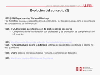 ALFIN, REDES DE BIBLIOTECAS         | ALFIN
                         Evolución del concepto (2)

1995 (UK) Department of National Heritage
“ La biblioteca escolar, especialmente en secondária, és la basis natural para la enseñanza
de competencias de información.”

1995. IFLA Diretrices para formación de bibliotecários escolares
    – Competencias de colaboración con profesores y de promoción de competencias de
        informacion


1995. Manifiesto de Alejandría sobre la Sociedad de Información
1996. Portugal Estudio sobre la Literacía valoriza as capacidades de leitura e escrita no
uso quotidiano

1998. OCDE assocía literacía a Capital Humano, esencial en el desarollo

1999. Manifesto Unesco Bibliotecas Escolares
 