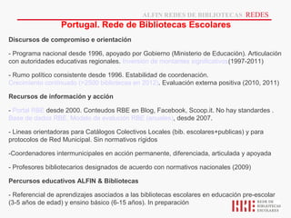 ALFIN REDES DE BIBLIOTECAS |REDES
                  Portugal. Rede de Bibliotecas Escolares
Discursos de compromiso e orientación

- Programa nacional desde 1996, apoyado por Gobierno (Ministerio de Educación). Articulación
con autoridades educativas regionales. Inversión de montantes significativos(1997-2011)

- Rumo político consistente desde 1996. Estabilidad de coordenación.
Crecimiento contínuado (>2500 bibliotecas en 2012). Evaluación externa positiva (2010, 2011)

Recursos de información y acción

- Portal RBE desde 2000. Conteudos RBE en Blog, Facebook, Scoop.it. No hay standardes .
Base de dados RBE, Modelo de evalución RBE (anuales), desde 2007.

- Lineas orientadoras para Catálogos Colectivos Locales (bib. escolares+publicas) y para
protocolos de Red Municipal. Sin normativos rígidos

-Coordenadores intermunicipales en acción permanente, diferenciada, articulada y apoyada

- Profesores bibliotecarios designados de acuerdo con normativos nacionales (2009)

Percursos educativos ALFIN & Bibliotecas

- Referencial de aprendizajes asociados a las bibliotecas escolares en educación pre-escolar
(3-5 años de edad) y ensino básico (6-15 años). In preparación
 