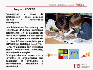 REDES DE BIBLIOTECAS | REDES |

       Programa PCCRBE

Promociona     y    apoya    la
colaboración    entre Escuelas
vecinas      y      Autoridades
Municipales

Las Bibliotecas Escolares y las
Bibliotecas Publicas participan
activamente, en la creación de
redes municipales de bibliotecas
en el concepto más amplio de
red. Las BP son esenciales para
el Portal y el Catalogo Colectivo.
Portal y Catálogo son utilizados
como herramientas comunes,
potenciando sinergias.
Emergen alianzas, estructuras y
formatos de organización que
posibilitan     la   evolución     y
sostenibilidad,     dinamismo      y
creatividad
 