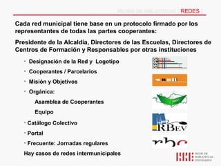 REDES DE BIBLIOTECAS | REDES |

Cada red municipal tiene base en un protocolo firmado por los
representantes de todas las partes cooperantes:
Presidente de la Alcaldía, Directores de las Escuelas, Directores de
Centros de Formación y Responsables por otras instituciones
   • Designación de la Red y Logotipo
   • Cooperantes / Parcelarios
   • Misión y Objetivos
   • Orgánica:
       Asamblea de Cooperantes
       Equipo
   • Catálogo Colectivo
   • Portal
   • Frecuente: Jornadas regulares
   Hay casos de redes intermunicipales
 