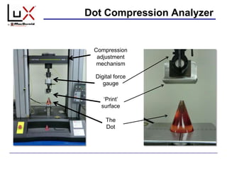 Dot Compression Analyzer
Digital force
gauge
Compression
adjustment
mechanism
The
Dot
„Print‟
surface
 