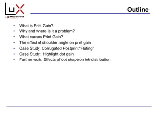 Outline
• What is Print Gain?
• Why and where is it a problem?
• What causes Print Gain?
• The effect of shoulder angle on print gain
• Case Study: Corrugated Postprint “Fluting”
• Case Study: Highlight dot gain
• Further work: Effects of dot shape on ink distribution
 