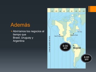 Además
 Abriríamos los negocios al
  tiempo que
  Brasil, Uruguay y
  Argentina
                               6:00
                               am     Bogotá


                                               8:00
                                               am
 