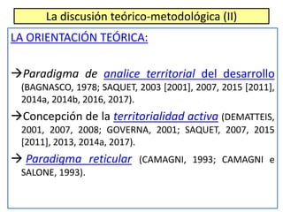 LA ORIENTACIÓN TEÓRICA:
Paradigma de analice territorial del desarrollo
(BAGNASCO, 1978; SAQUET, 2003 [2001], 2007, 2015 ...