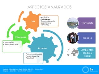 Bogotá Eléktrika / Av. Calle 26 No. 69 - 63 / Oficina 508
Bogotá - Colombia / bogotaelektrika.com
ASPECTOS ANALIZADOS
Accesos:
•Puentes peatonales
•Puntos de venta
(Taquillas)
Estaciones
•Torniquetes
•Áreas de espera
Vía
•Vehículos
•Plataformas
(interacción entre
estaciones y
vehículos)
Transporte
Tránsito
Ambiental,
predial y
social
 
